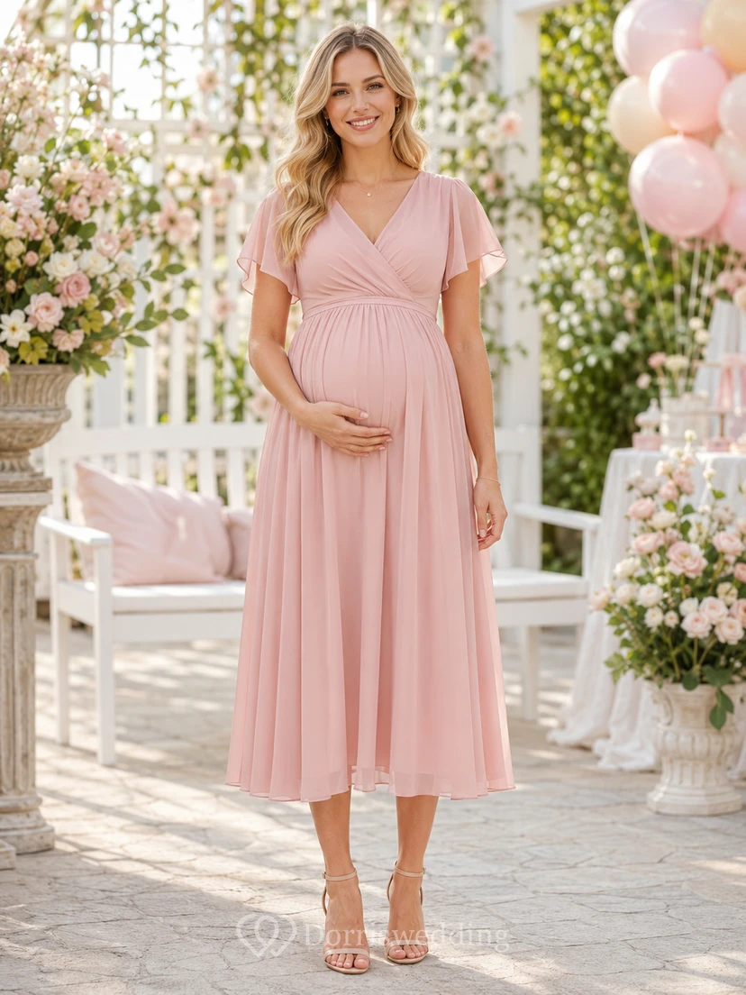 Vestido de ducha de gasa de corte imperio, largo hasta la rodilla, color rosa rubor, escote en V, mangas con volantes y para embarazadas.
