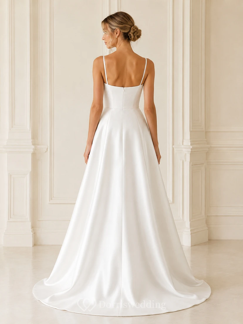 Robe de mariée longue en satin à fines bretelles, col carré et décolleté en V plongeant, fermeture éclair. view 2