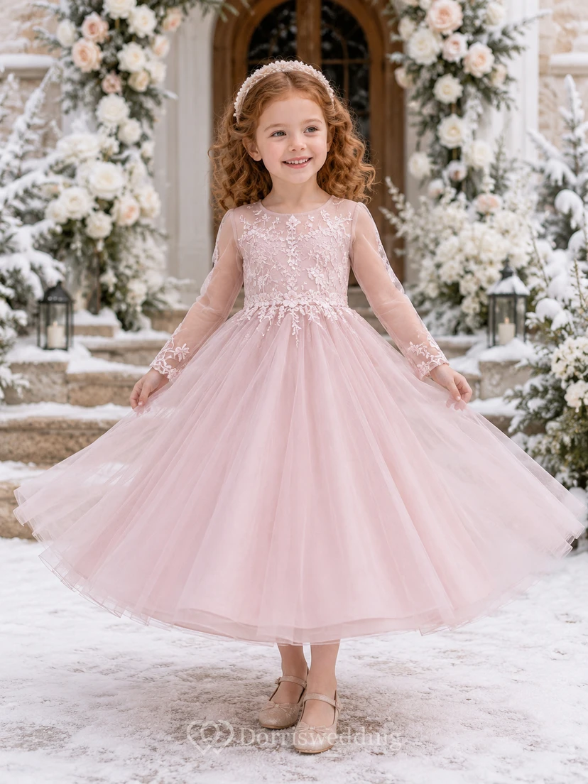 A-Line Winter Wedding Long Sleeve Flower Girl Dress with Long Illusion Sleeves, Floral Lace Bodice, Full Tulle Skirt, Floor-Length Winter Style