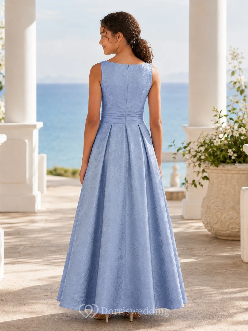Vestido de dama de honor juvenil azul pizarra, corte en A, sin mangas, jacquard vintage view 2