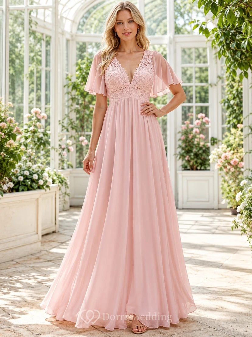 Blush Empire Waist Lace Flutter Sleeve V-Neck Chiffon Maxi Guest Dress