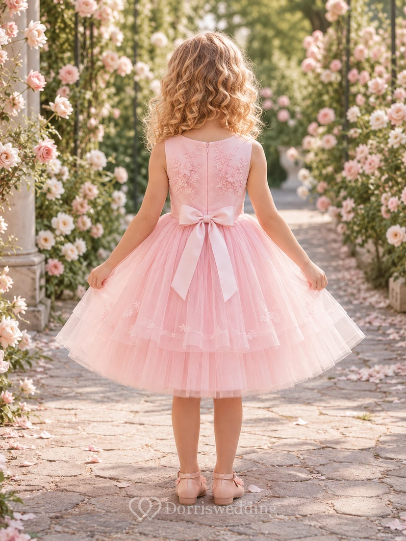 Blumenmädchenkleid aus zartrosa Spitze und Tüll, A-Linie, kurze Ärmel, Rundhalsausschnitt, Teelänge, Schärpendetails view 2