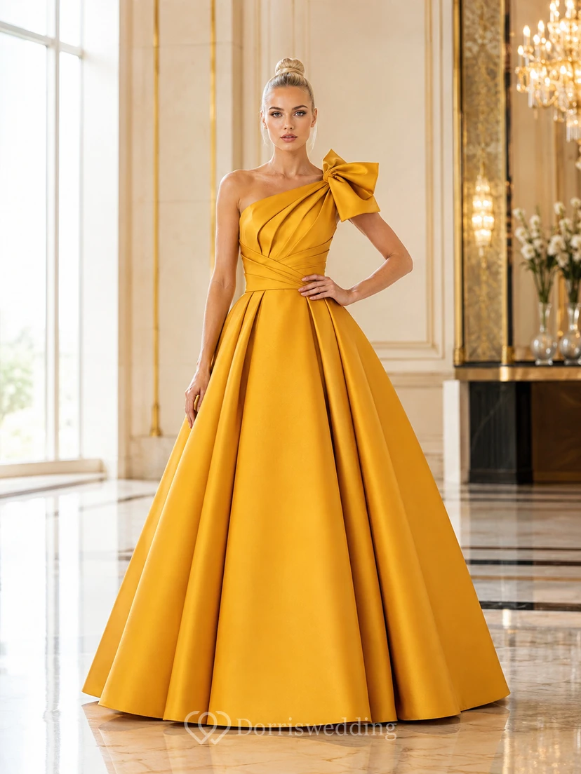 Vestido de gala largo de satén fruncido, asimétrico, con un solo hombro, lazo extragrande y acabado dorado de lujo.