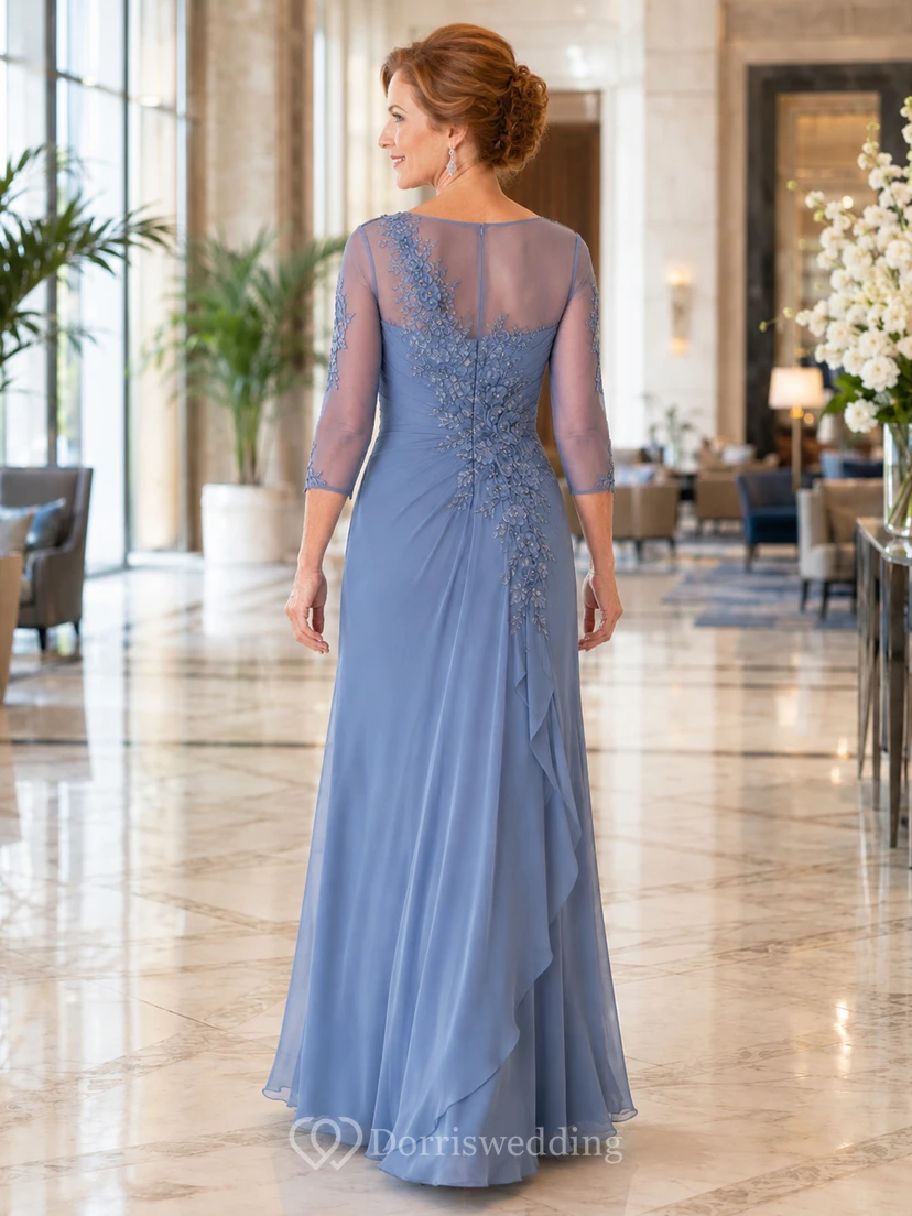 Slate Blue Floor-Length Sheath Modern Mother of the Bride Chiffon Gown with One-Shoulder Illusion Neck Three-Quarter Sleeve and Side Applique view 2