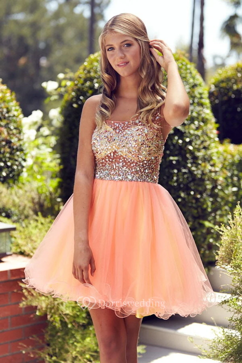 Robe en tulle sans manches à bretelles courtes et coupe trapèze multicolore, ornée de perles view 2