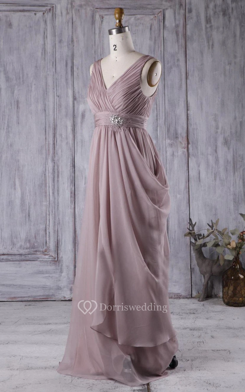 V Neck V Back Draped Empire Chiffon Long Dress With Beading view 2