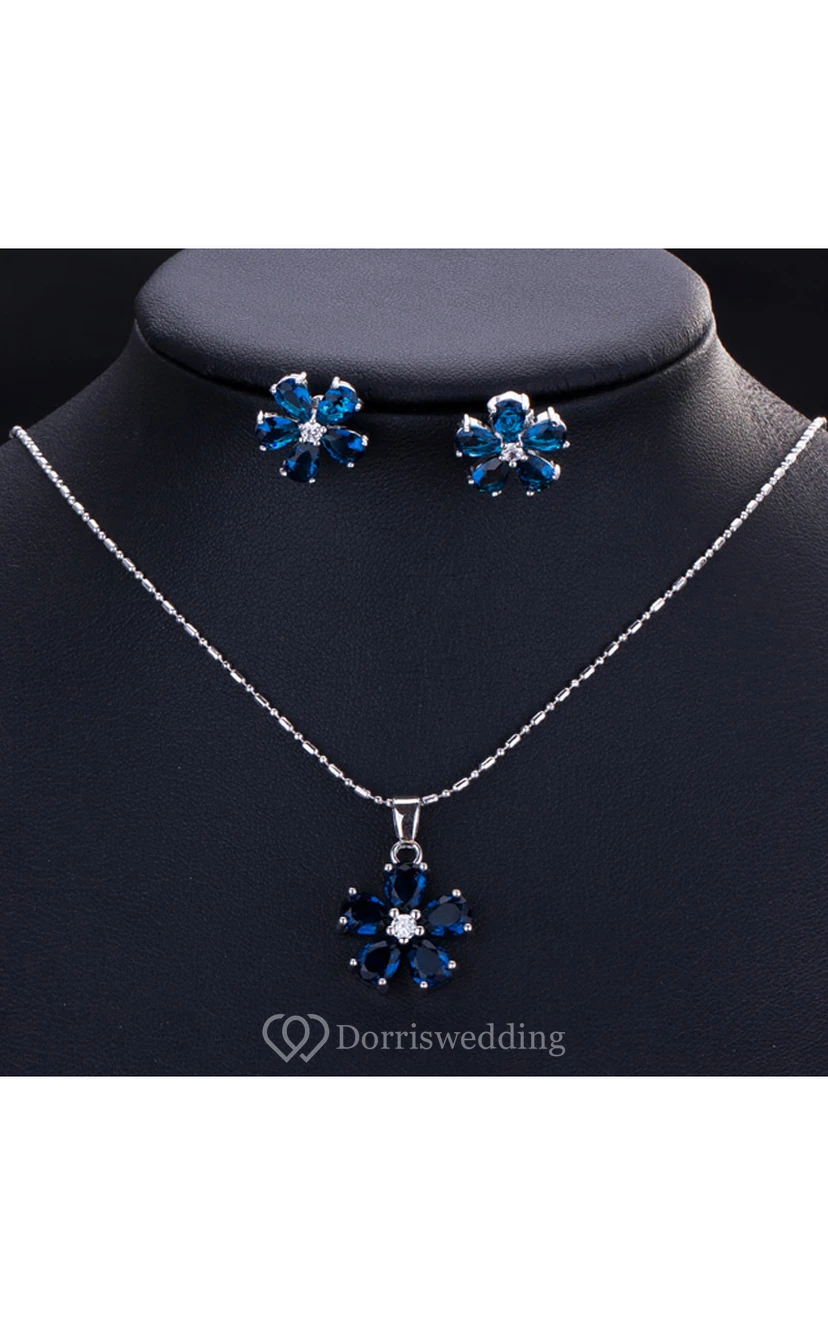 Multiple Color Flower Shaped Rhinestone Necklace and Earrings Jewelry Set view 2