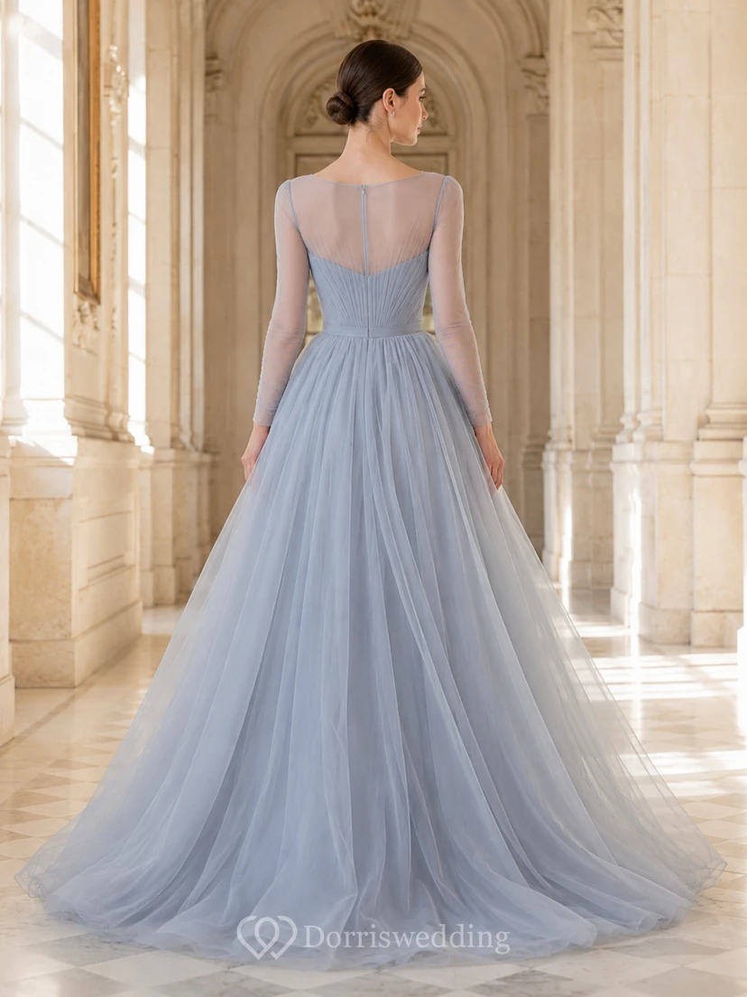 Robe de mariée en organza bleu acier à bretelles carrées et col carré view 2