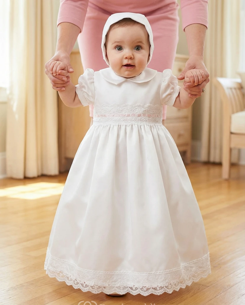 Vestido de bautizo blanco de satén para niña con mangas abullonadas y ribete de encaje.