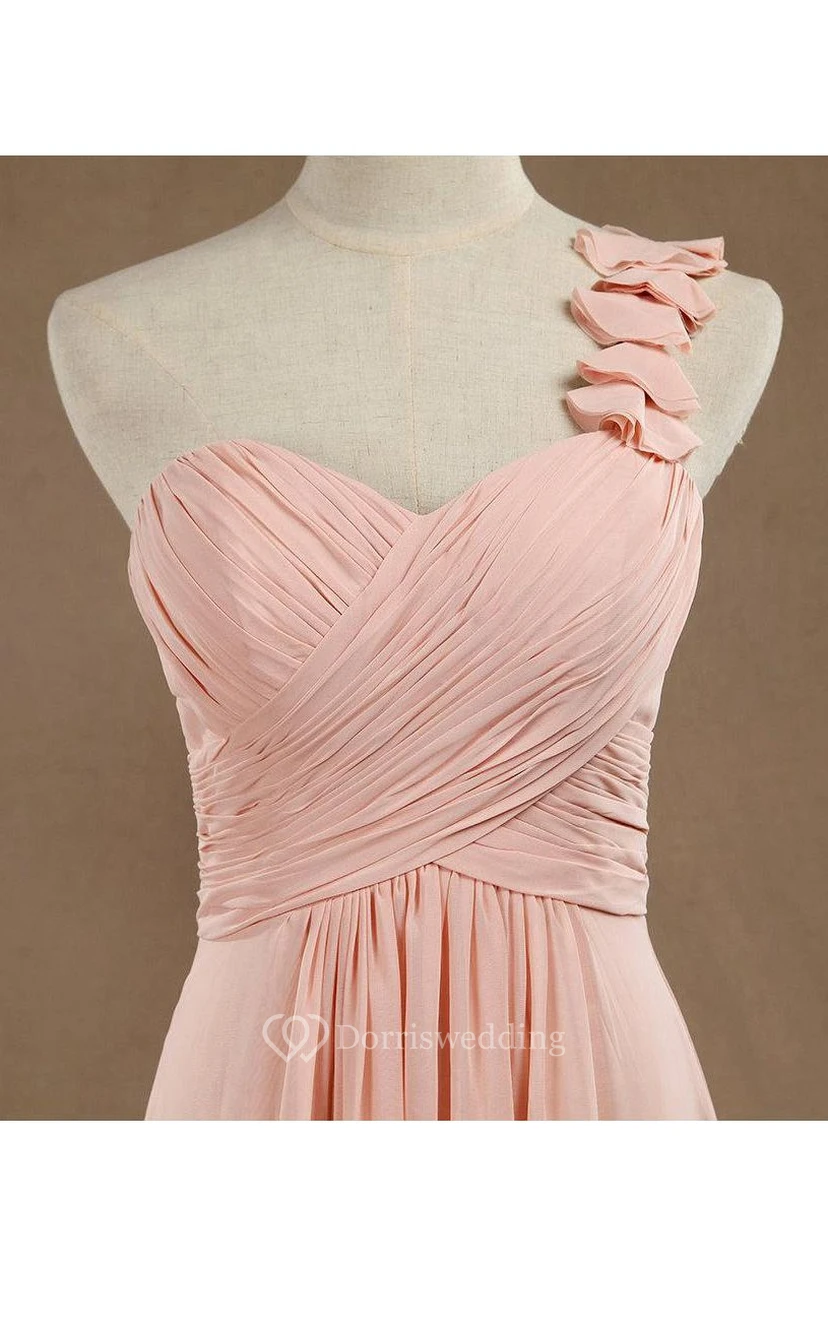 One Shoulder Ruched Top A-line Pleated Chiffon Long Dress view 2
