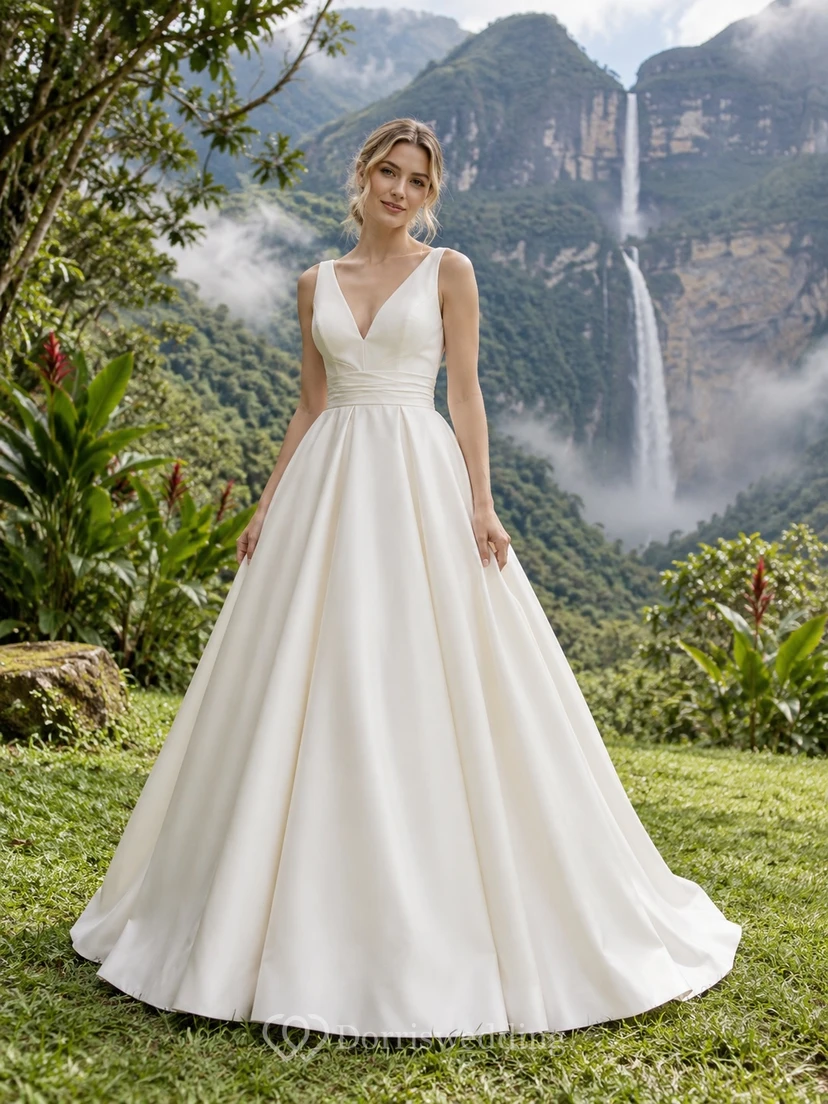 Sencillo vestido de novia de satén con escote en V, cintura drapeada y falda acampanada.