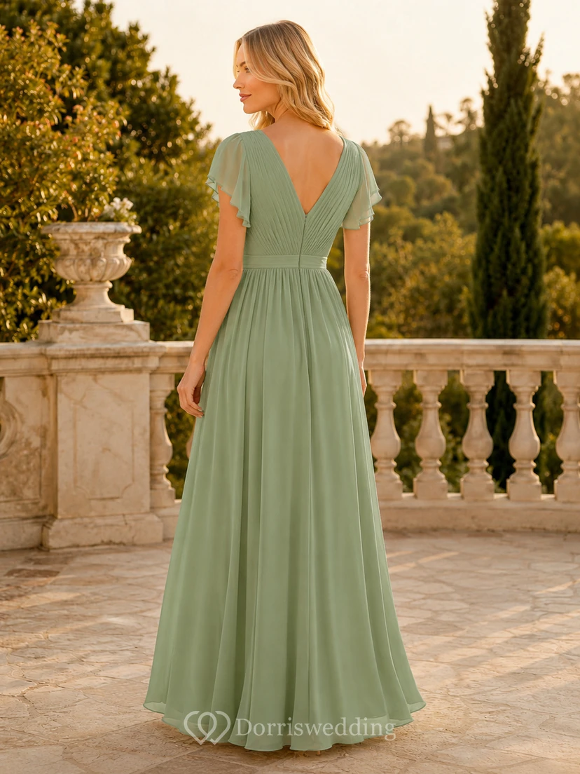 Salbeigrünes Chiffonkleid mit V-Ausschnitt und flatternden Ärmeln view 2