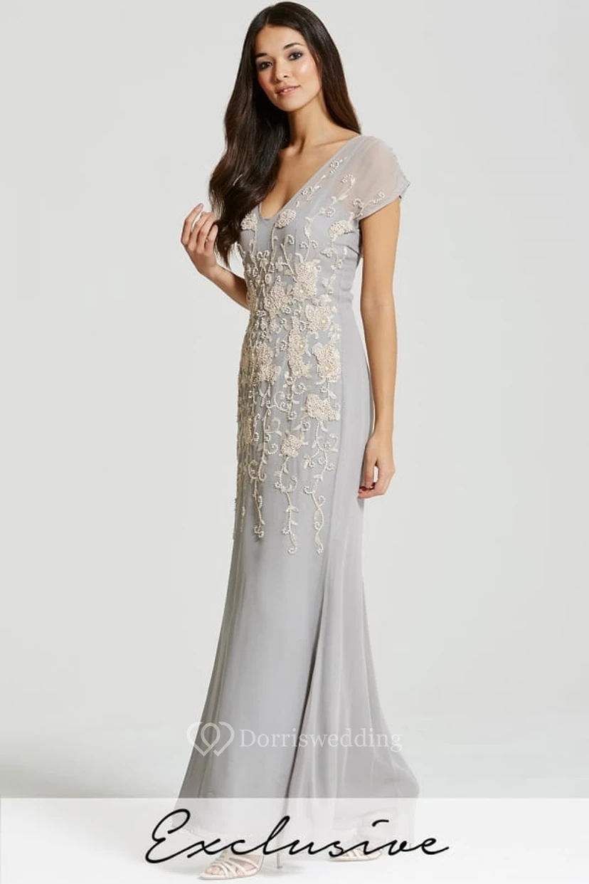 Sheath Beaded Cap Sleeve V-Neck Chiffon Bridesmaid Dress