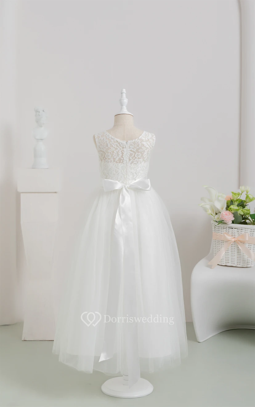 First Communion White Lace Tulle Flowergirl Dress with Bow view 10
