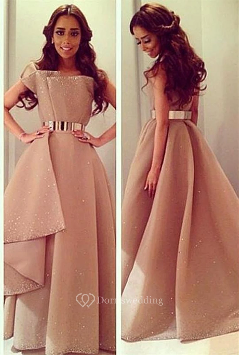 Modern A-line Sequined Evening Dress Metal Belt Sweep Train