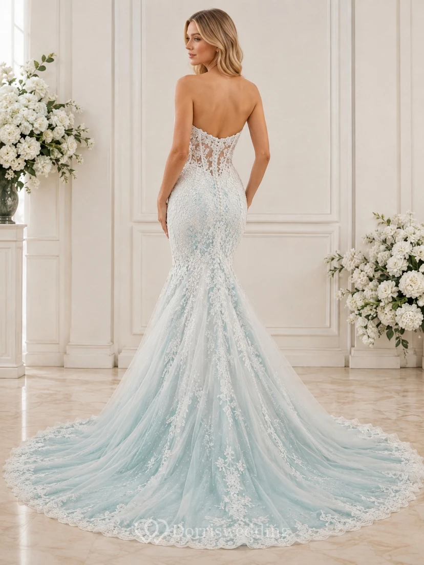 Mist Mermaid Sweetheart Tulle Lace Applique Sweep Elegant Bridal Wedding Dress view 2