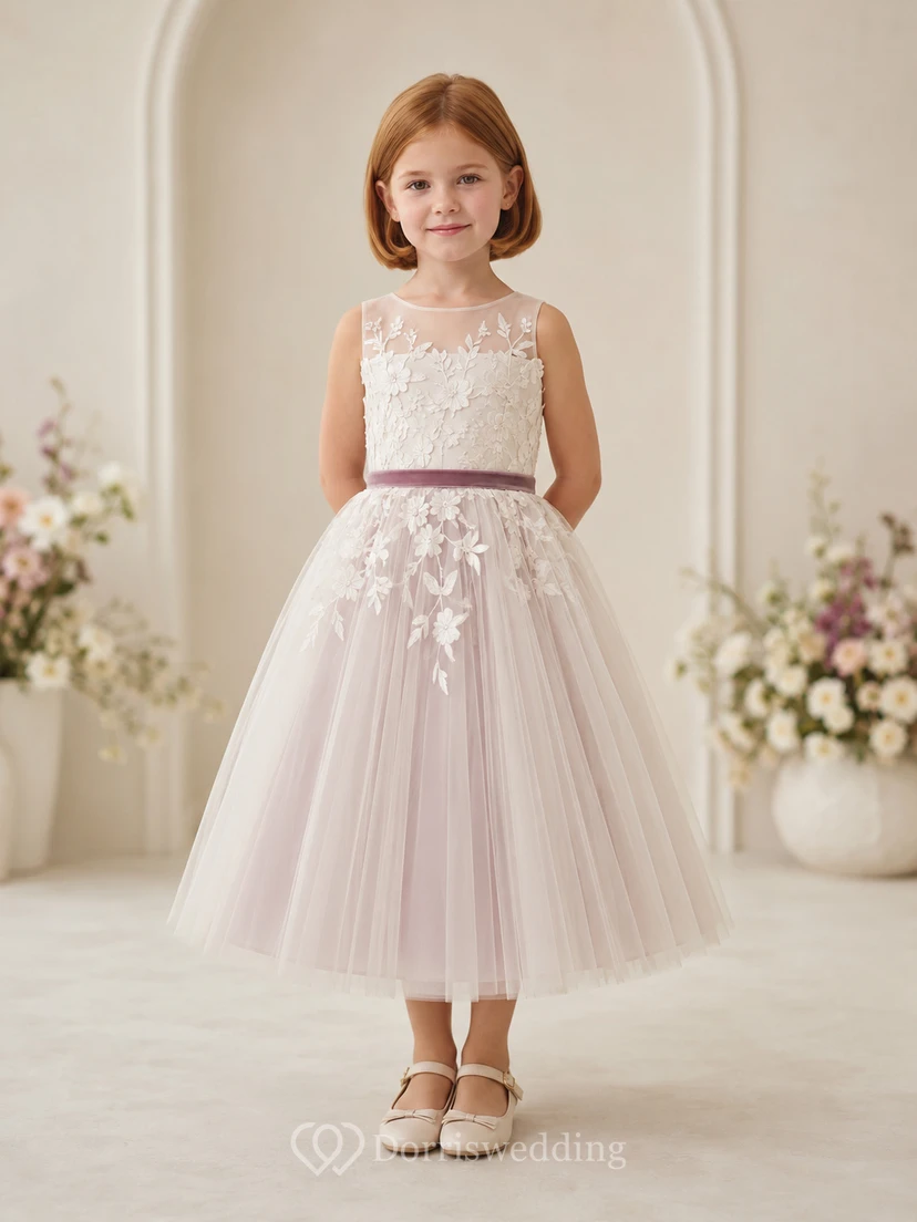 Flower Girl Dress A-Line Cream Mauve Lace Tulle Sleeveless Formal