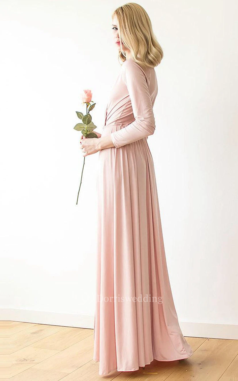 Langes Jerseykleid mit V-Ausschnitt, langen Ärmeln und A-Linien-Schnitt sowie Seitenschlitz view 4