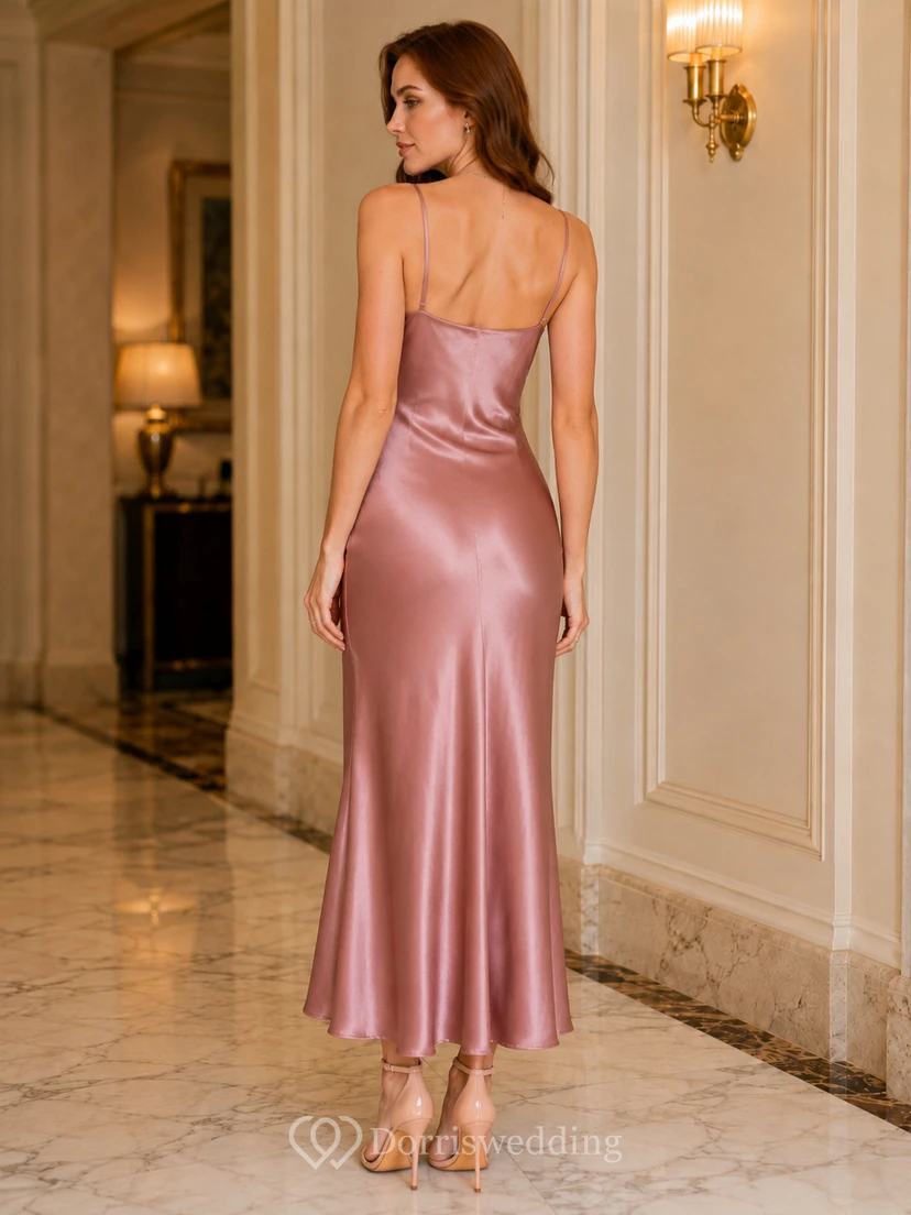 Dusty Rose Spaghetti Satin Slip Occasion Dress view 2