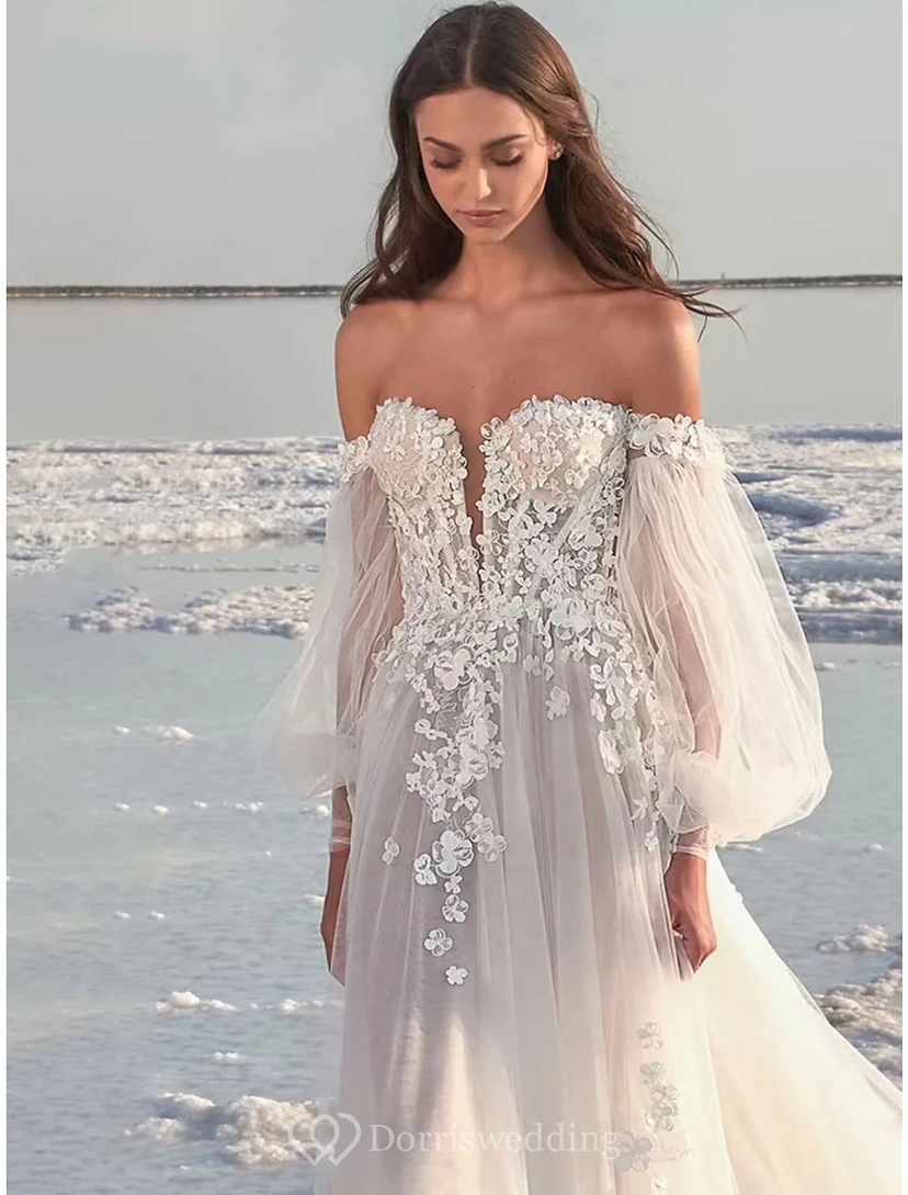 Ethereal Off-Shoulder Tulle Ball Gown with Puff Sleeves view 3