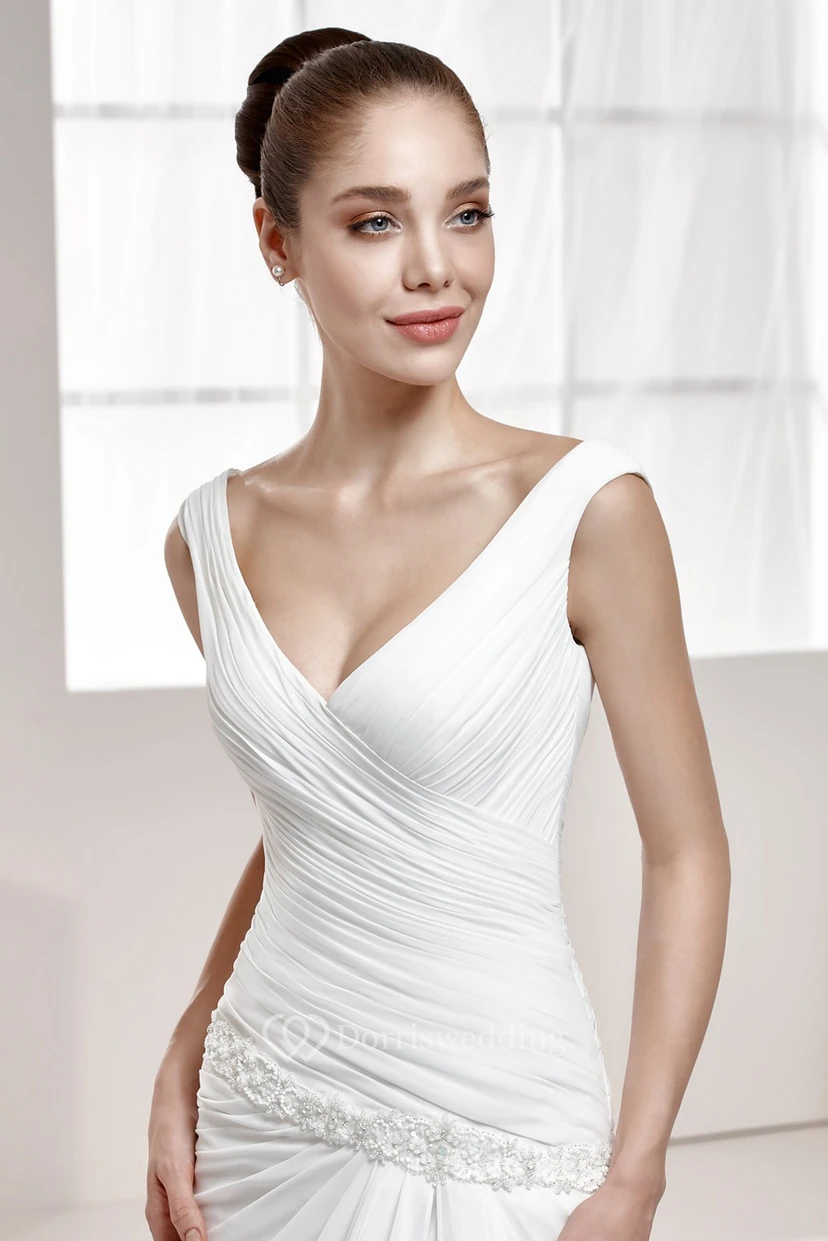 Sweetheart Pleating Wedding Gown with Side Split and Cap Sleeves view 2