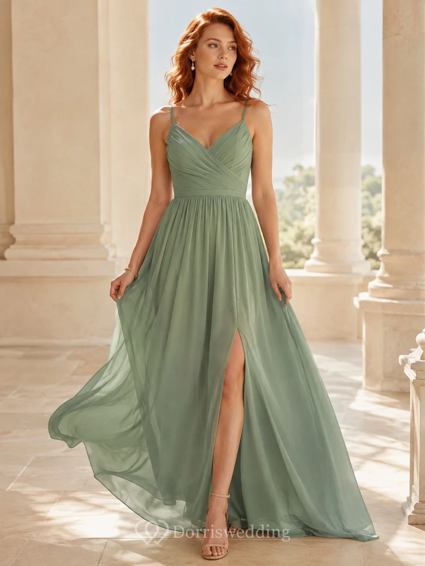 Spaghetti Sage A-Line Chiffon Split Front Bridesmaid Evening Dress