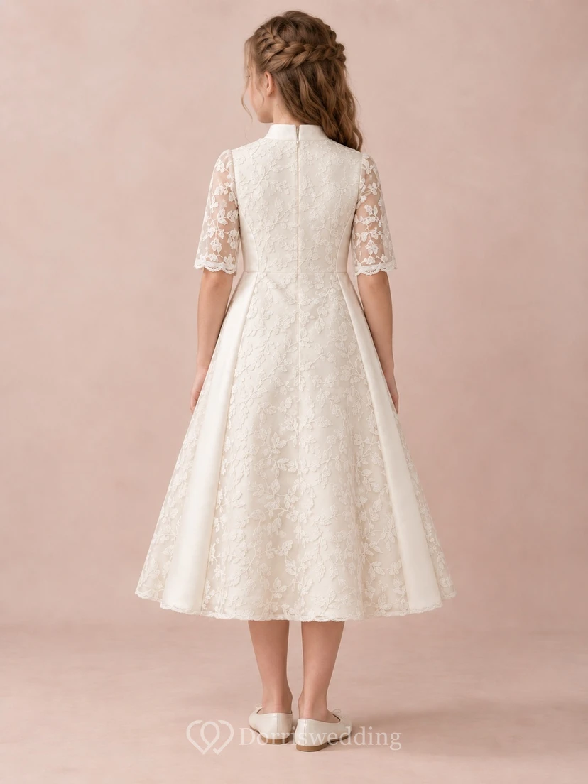 Modest High Neck Tea-length Ivory Half Sleeve Delicate Floral Lace Panel A-Line Flowergirl Dress view 2
