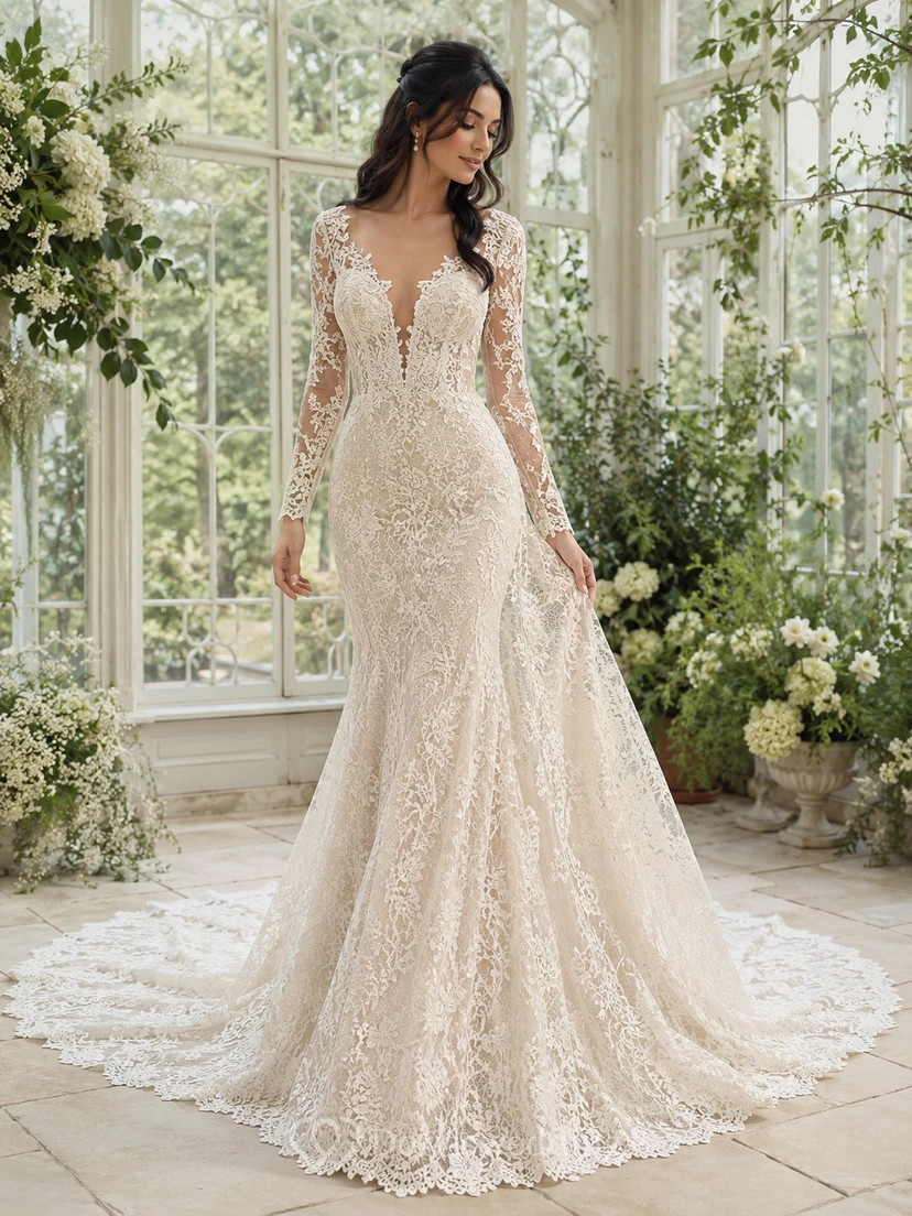 Robe de mariée de soirée ornée de dentelle, décolleté en V profond, manches longues transparentes, coupe sirène, traîne chapelle et applications florales