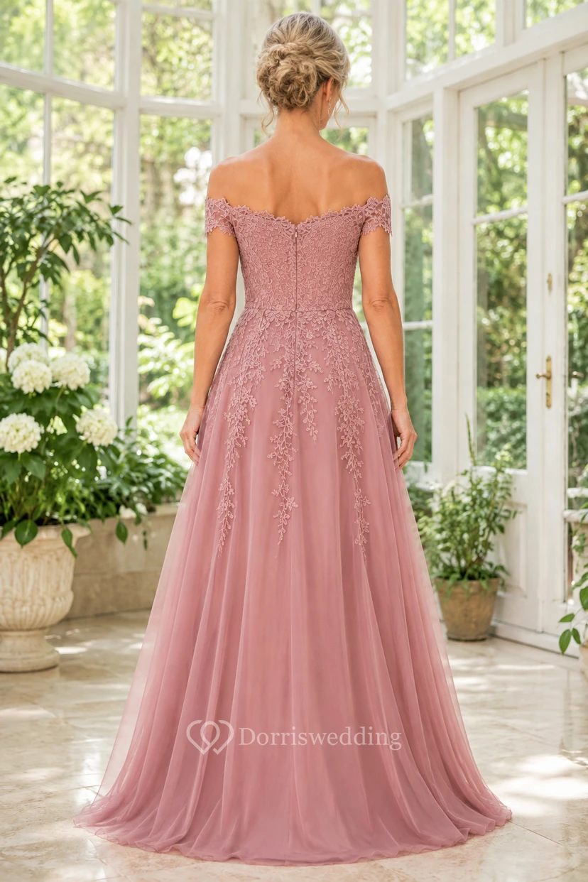 MOB-Kleid aus altrosafarbener Spitze und Tüll, A-Linie, kurze Ärmel, schulterfrei, bodenlang view 2