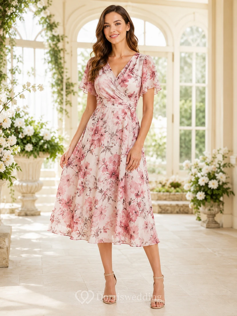 Vestido de jardín de corte A, largo hasta la rodilla, color rosa con estampado floral y mangas cortas.