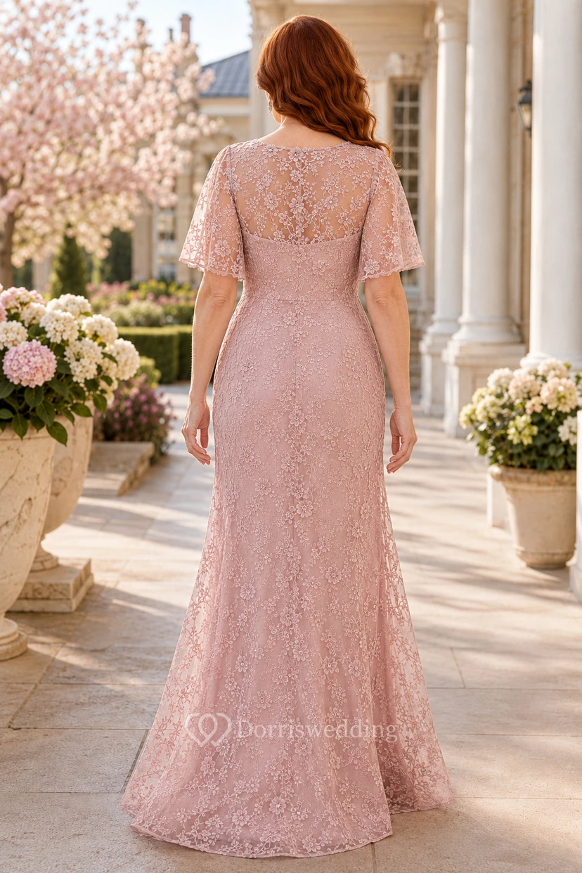 Blush Lace Sheath Mother Dress and Flutter Sleeves view 2