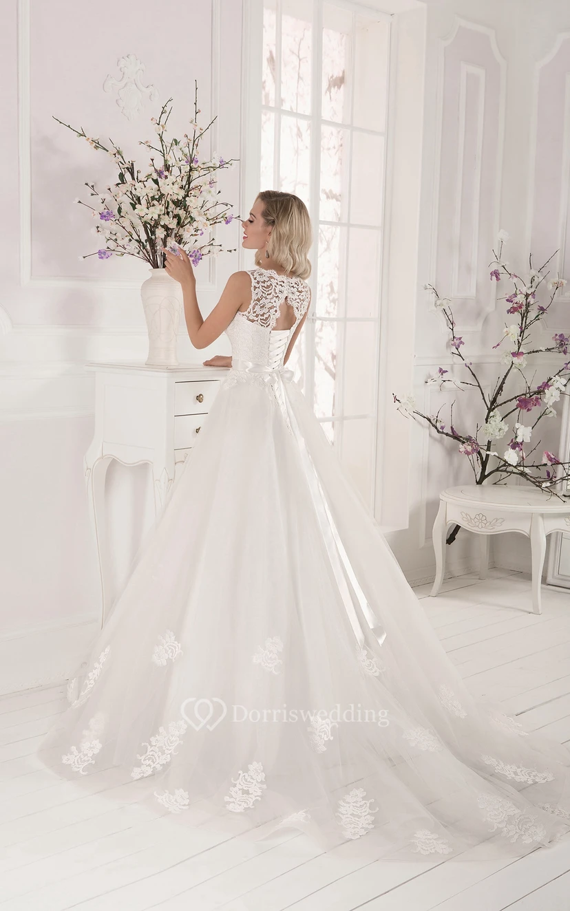 Long Sleeveless Lace Top Applique Lace-up Dress view 3