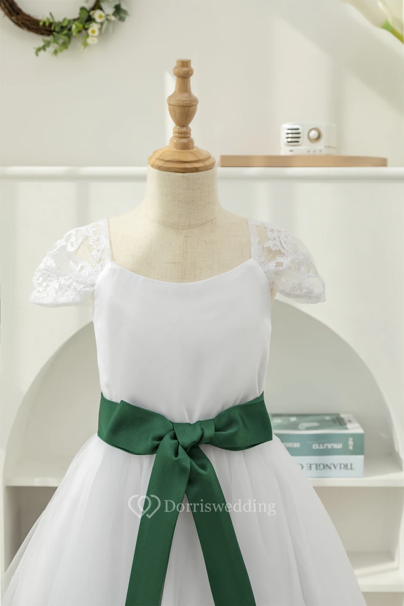 White Short-sleeve A-line Tulle First Communion Flowergirl Dress view 3