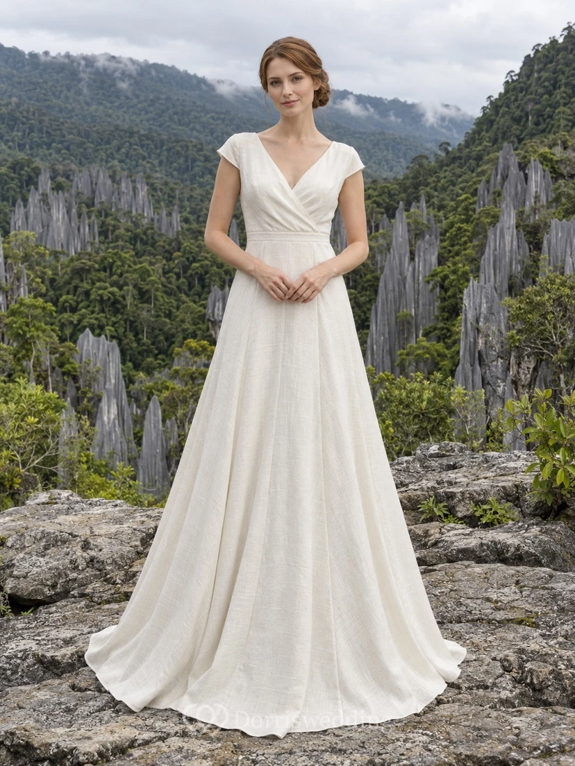 Schlichtes, bodenlanges A-Linien-Brautkleid mit V-Ausschnitt, kurzen Ärmeln und Wickeloptik – perfekt für eine Gartenhochzeit.