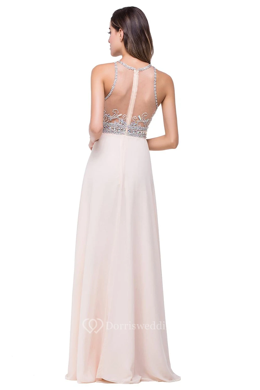 Elegant Beadings Chiffon A-line Prom Dress Zipper Illusion view 3