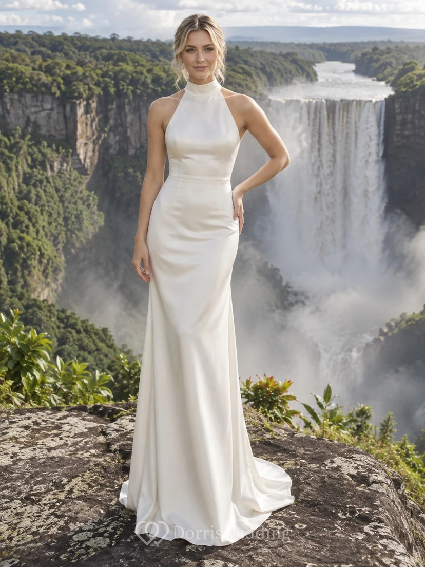 Vestido de novia de satén con cuello halter alto, corpiño liso y cola de corte recto.