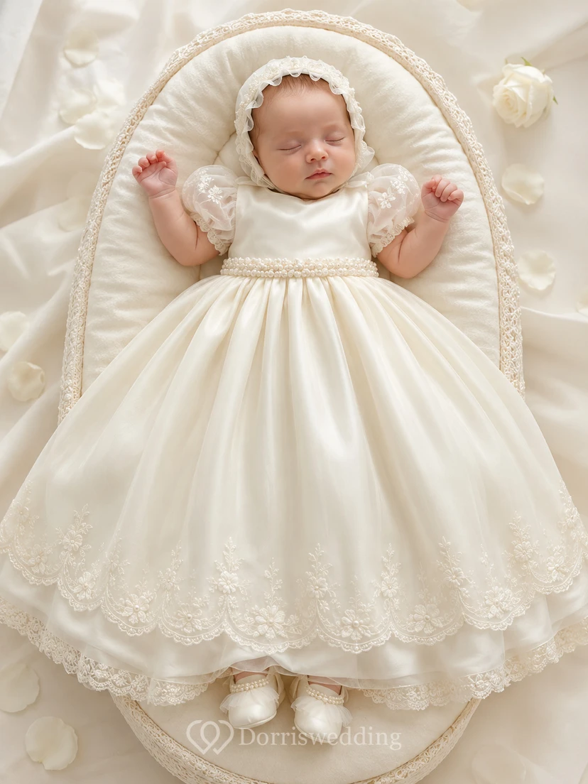 Vestido de bautizo para recién nacido con cintura de perlas, corte en A, manga corta, dobladillo de encaje, elegante estilo vintage.