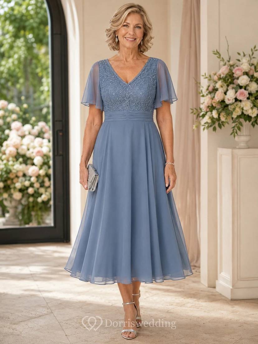 Steel Blue V-Neck Tea-Length Chiffon Mother Dress with Beaded Bodice