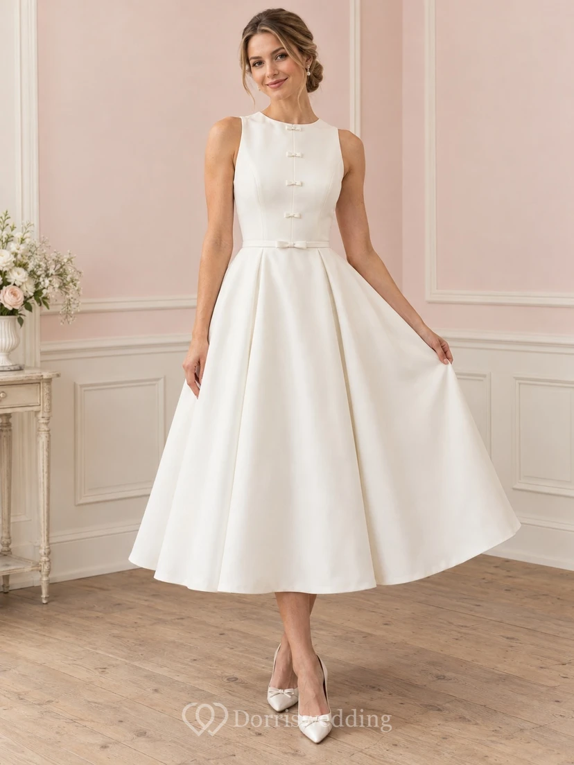 Robe de mariée simple en crêpe plissée, longueur thé, col rond, sans manches, nœud papillon