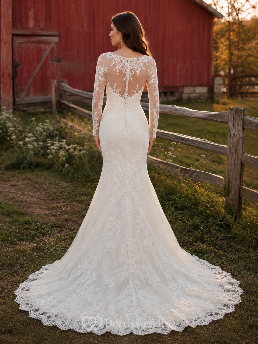 Robe de mariée sirène en dentelle, col rond, manches longues et traîne, style modeste view 2