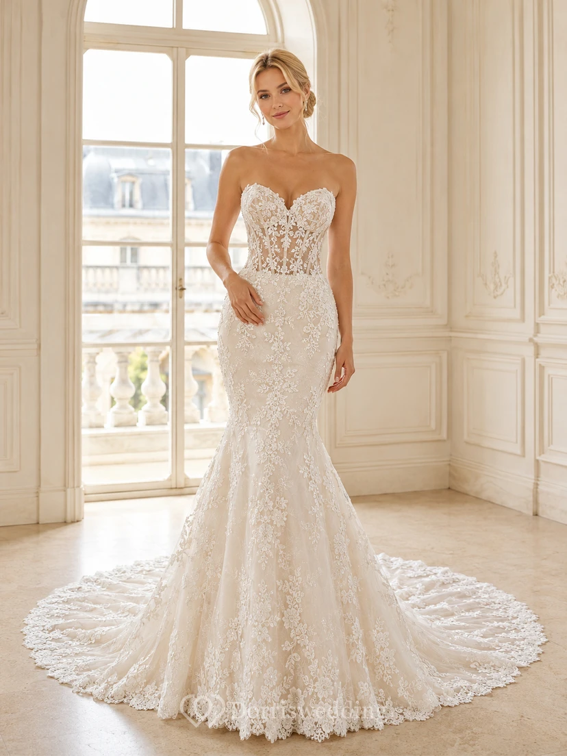 Trägerloses Brautkleid im Meerjungfrauenstil mit herzförmigem Ausschnitt, floraler Spitze und luxuriöser Kathedralenschleppe