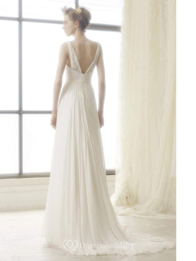 A-Line Sleeveless Floor-Length Lace Square Chiffon Wedding Dress With Low-V Back And Flower view 2