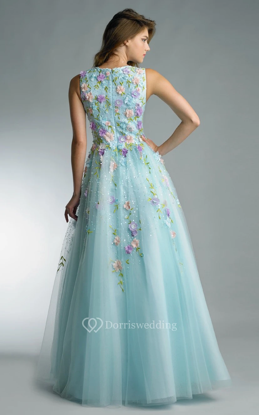 A-line Floor-length V-neck Sleeveless Tulle Zipper Dress view 2