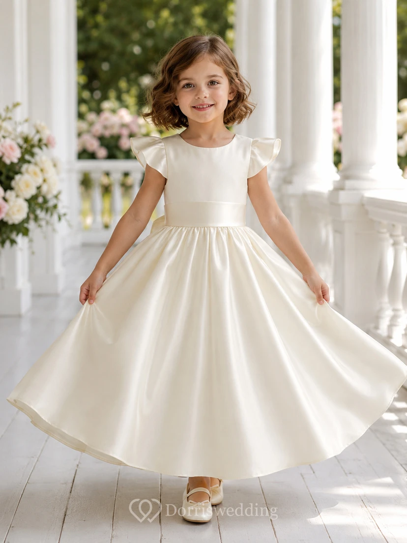Flower Girl Dress Ivory Satin A-Line Jewel Neck Tea Length Bow Detail
