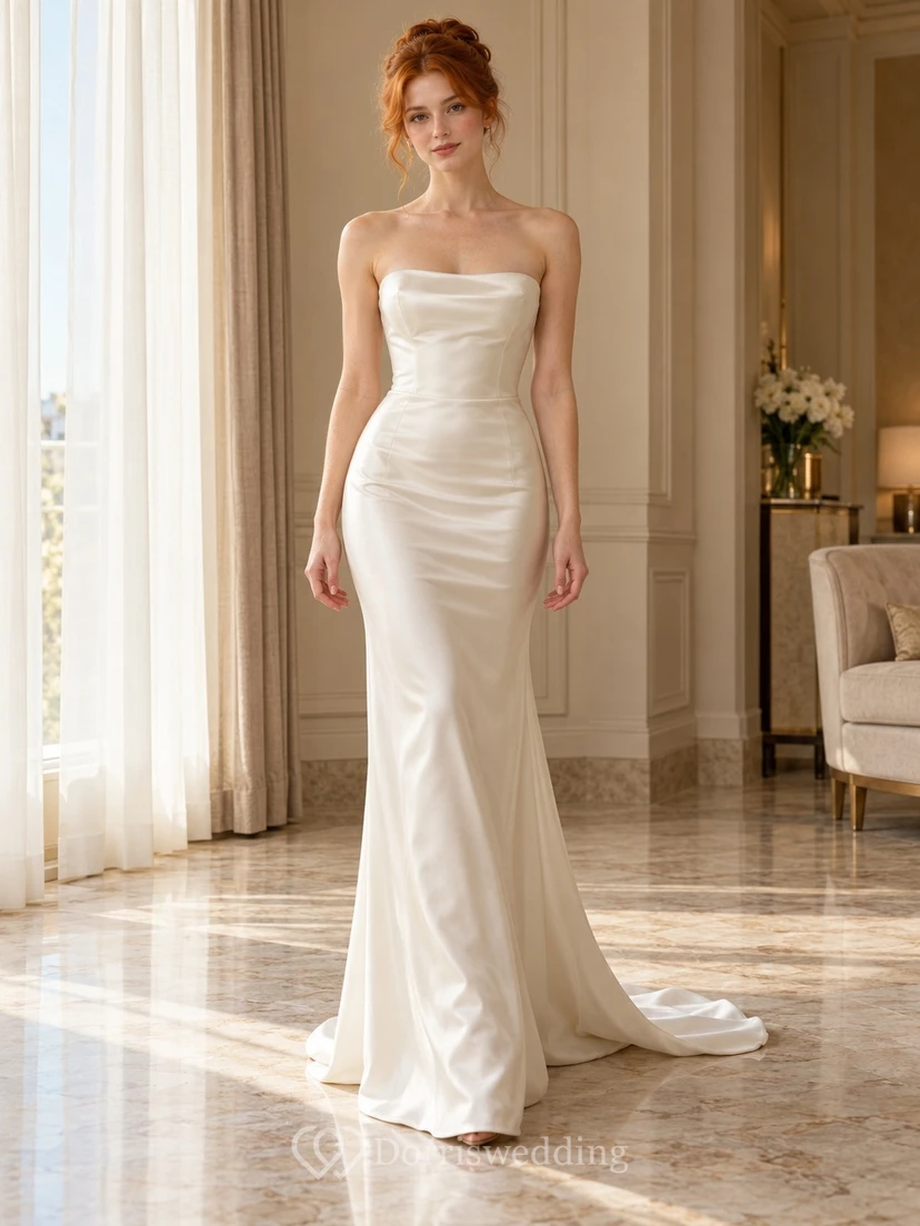 Simple Strapless Ruched Satin Fitted Bridal Train Wedding Dress