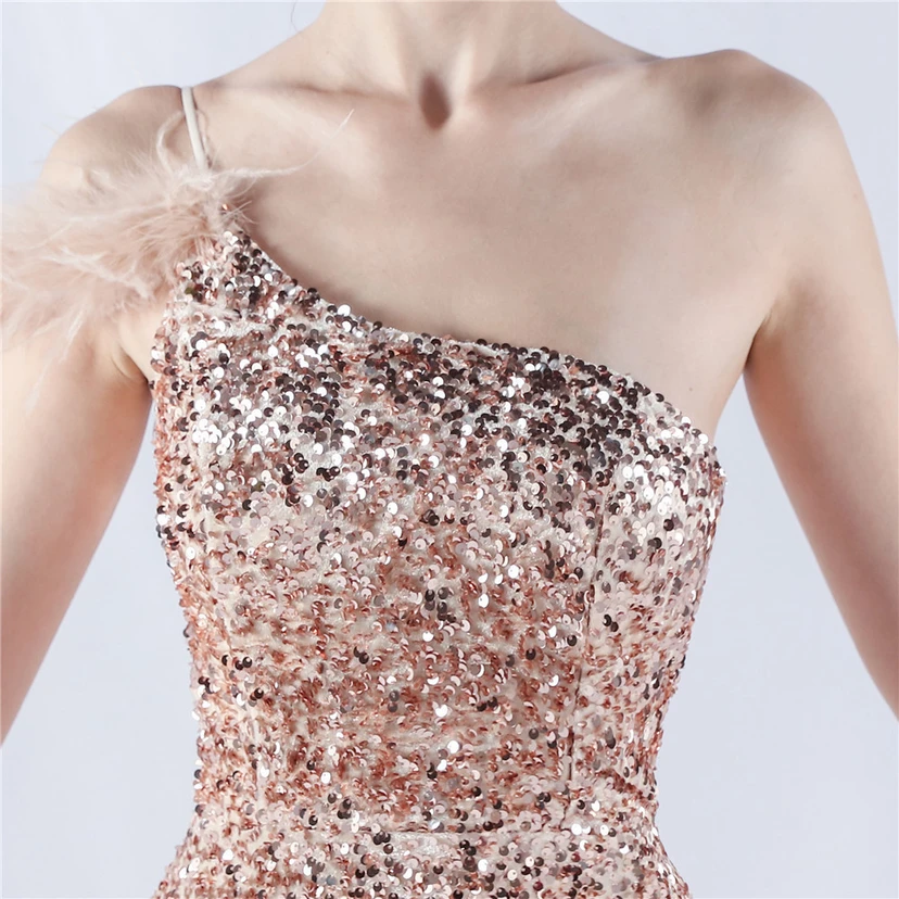 Gradient Velvet Bottom Sequins Craft Beading Ostrich Hair One-Shoulder Oblique Collar High-Slit Evening Dress view 55
