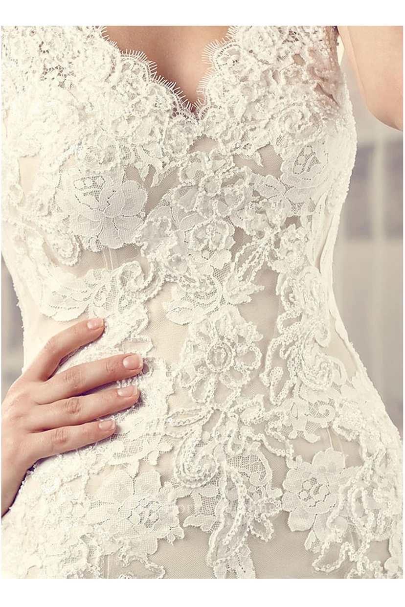 Maxi V-Neck Appliqued Lace Vintage Wedding Dress With Court Train And V Back view 4