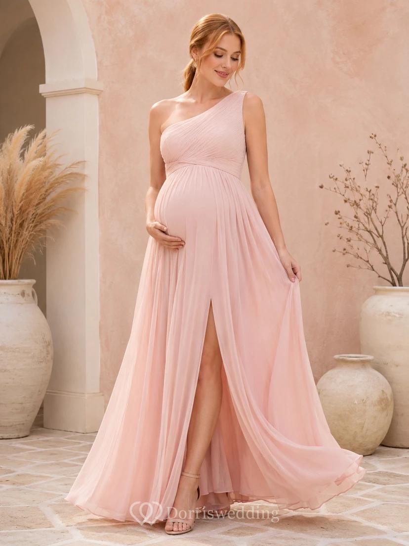 Elegante vestido de maternidad largo hasta el suelo, de gasa rosa rubor con un solo hombro y sin mangas, corte en A