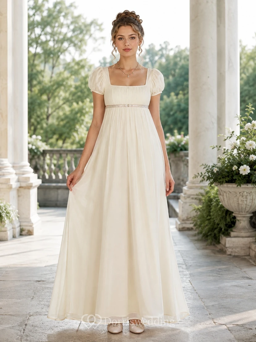 Cream Regency Square Neck Puff Sleeve Chiffon Empire Floor-length Formal Dress