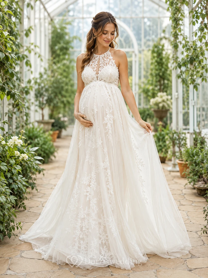 Maternity Halter Spaghetti Strap Lace Garden Wedding Dress